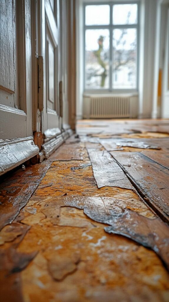 Close-up of a worn, peeling wooden floor in a room with white cabinets and a window in the background.