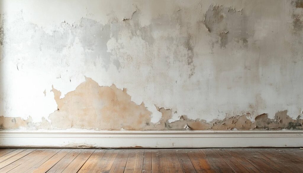 Wall with peeling paint and water damage above a wooden floor.