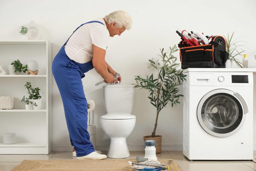 A plumber in blue overalls fixing a toilet in a laundry room with a washing machine and plants.