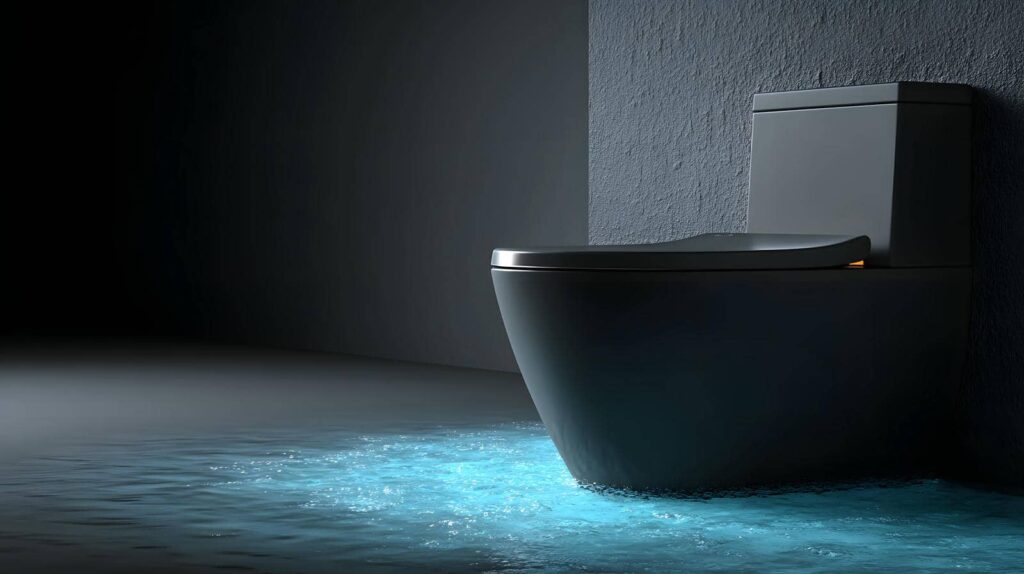 Modern toilet with water glowing blue around its base in a dark room.