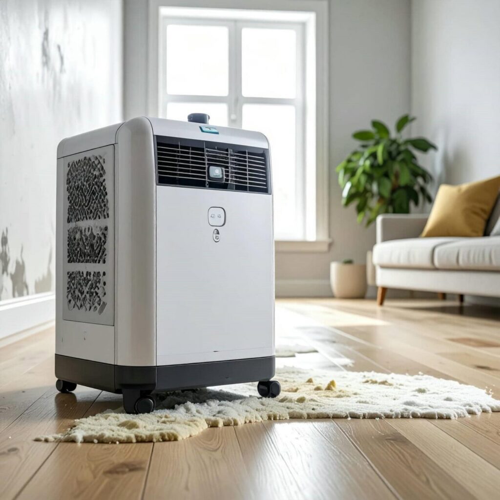 Portable air conditioner on a rug in a bright living room with a sofa and plant.