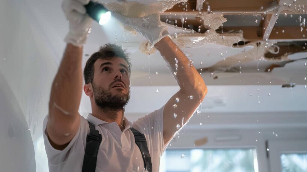 Man inspecting and repairing a water-damaged ceiling with a flashlight and gloves.